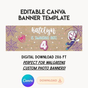 Op de afbeelding: Een bewerkbare Canva-bannersjabloon met de tekst "EDITABLE CANVA BANNER TEMPLATE". De banner bevat de naam "Katelyn" en de zin "IS SWINGING INTO 4". Een stripfiguur en spinnenwebben zijn ook inbegrepen.