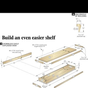 Puede incluir: Diagrama que muestra cómo construir una estantería sin molduras, con una vista explosionada de las piezas. La imagen incluye medidas en pulgadas, como 36" y 34.5". El texto dice "Construye una estantería aún más fácil". Se proporcionan las dimensiones de la estantería.