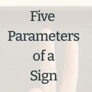 Puede incluir: Texto sobre fondo blanco que dice "Cinco parámetros de un signo". El texto está en una fuente oscura con serifas. La imagen incluye una imagen borrosa de dos dedos en el fondo.