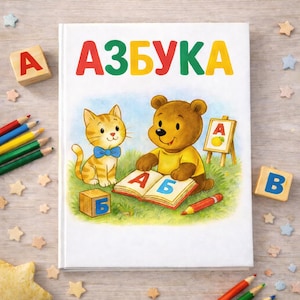 May include: A children's book with the title "Азбука" in red, green, and yellow letters. The cover features a cartoon cat with a blue bow tie and a bear reading a book. Wooden blocks with letters and colored pencils are scattered around the book.