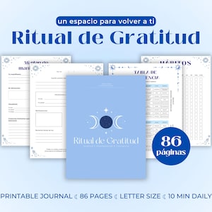 Puede incluir: Un diario imprimible titulado Ritual de Gratitud con una portada azul claro que presenta un símbolo de triple luna. El conjunto incluye varias páginas con encabezados como Mi plan de manifestación y un círculo azul que indica 86 páginas.
