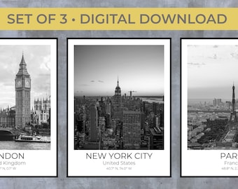 New York, London and Paris Wall Art · Minimal Black & White · Set of 3 Digital Prints