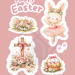 Puede incluir: Un conjunto de pegatinas con temática de Pascua sobre un fondo rosa. Las pegatinas incluyen una conejita bailarina, una cruz con flores, una cesta de huevos y un arreglo floral con huevos. Las palabras "Happy Easter" están en la parte superior.