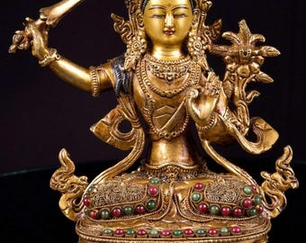 9 inch, Manjushri Buddhist Handmade Statue With Siku Design, Full Gold Plated, Stone Setting, Face Painted