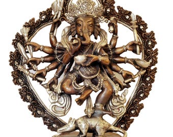 10 inch, Nepali Handmade Statue Of Ganesh, Red Jambhala, Silver Oxidized