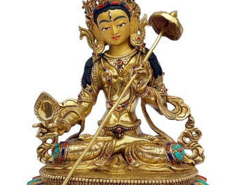 10 inch, Sitatapatra, Umbrella Tara, Buddhist Handmade Statue, Full Gold Plated, Painted Face, Stone Setting, Dugar