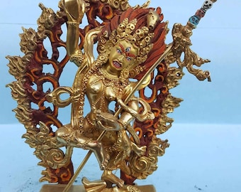 7 inch, Vajravarahi - Dorje Phagmo Yogini Tibetan Handmade Statue Last From The Mold, Full Fire Gold Plated, Painted Face