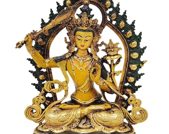 4 inch, Manjushri, Buddhist Miniature Statue, Partly Gold Plated Finish, Thangka Color Finish, Hand Painted Face