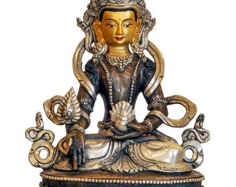 9 inch, Buddhist Handmade Statue Of Name Ksitigarbha - Bodhisattva, Face Painted, Silver And Chocolate Oxidized