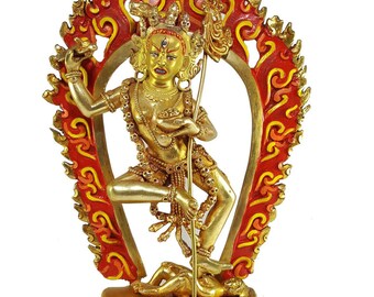 11 inch, Statue Of Vajravarahi - Dorje Phagmo Yogini Full Fire Gold Plated With Painted Face