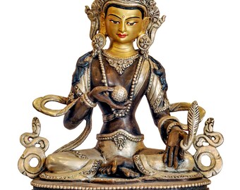9 inch, Buddhist Handmade Statue Of Ksitigarbha, Ksitigarbha - Bodhisattva Face Painted, Silver And Chocolate Oxidized
