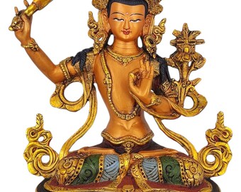9 inch, Manjushri Bodhisattva Statue, Handcrafted Buddhist Art, Thangka Color Finish