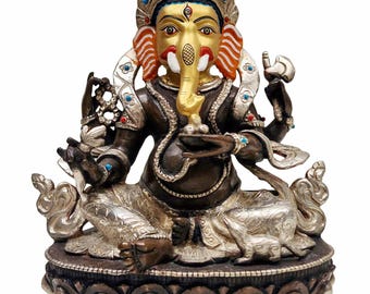 8 inch, Ganesh, Buddhist Handmade Statue, Silver And Chocolate Oxidized, Wtih Face Painted