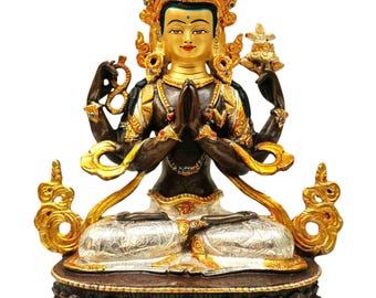 9 inch, Chenrezig Handcrafted Statue, Chocolate & Silver Oxidized With Extra Gold Plating, Stone Inlay, Hand Painted