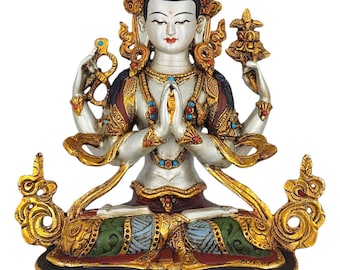 9 inch, Chenrezig Avalokiteshvara Statue, Handcrafted Buddhist Art, Thangka Color Finish, Partly Gold Plated
