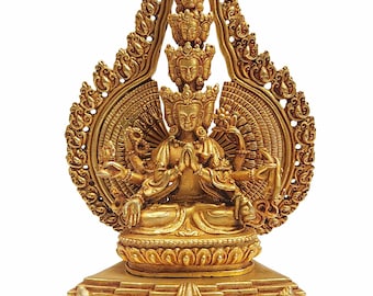 6 inch, Tibetan Buddhist Handmade Statue Of Sahasrabhuja Avalokitesvara, Full Gold Plated