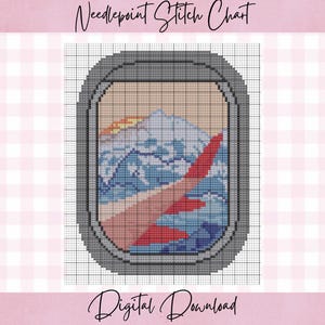 May include: A needlepoint stitch chart digital download featuring a pixelated airplane window view. The design shows a gray window frame surrounding a landscape of blue mountains, a tan sky, and a red airplane wing against a white grid background.