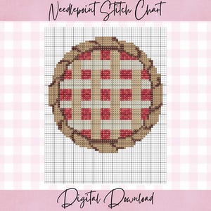Peut inclure: Un diagramme de point de croix numérique représentant une tarte avec une croûte en treillis et une garniture rouge. Le motif est placé sur une grille, avec le texte "Needlepoint Stitch Chart" et "Digital Download".