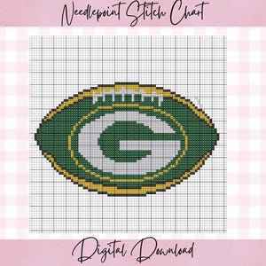 Può includere: Uno schema per ricamo a mezzo punto con la grafica di un ovale verde con una lettera G bianca al centro, contornato in giallo e bianco. Il disegno è su uno sfondo a griglia bianca con il testo Needlepoint Stitch Chart e Digital Download.
