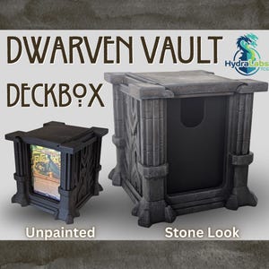 Könnte beinhalten: Zwei Dwarven Vault Deckboxen, eine unbemalte schwarze und eine mit Steinoptik. Die Boxen haben eine rechteckige Form mit aufwendigen Schnitzereien. Der Text "Dwarven Vault Deckbox" ist oben angezeigt.