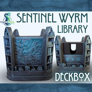 May include: A Sentinel Wyrm Library Deckbox, featuring a detailed dragon relief and bookshelf design. The box is a dark teal color with the text "Sentinel Wyrm Library" and "Deckbox". The HydraLabs TCG logo is also visible.