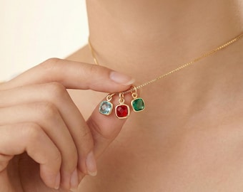 Personalized Birthstone Necklace, Custom Gold Birthstone Charm Necklace, Meaningful Family Jewelry Gift