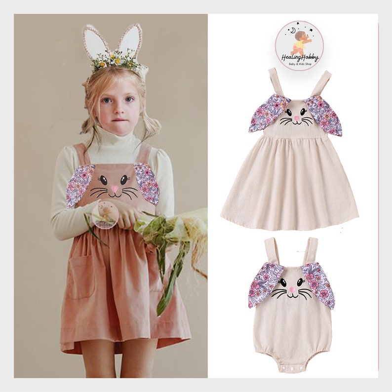 Easter Matching Clothes, Baby Girls Easter Dress, Cute Bunny Romper, Bunny Floral Dress,toddler