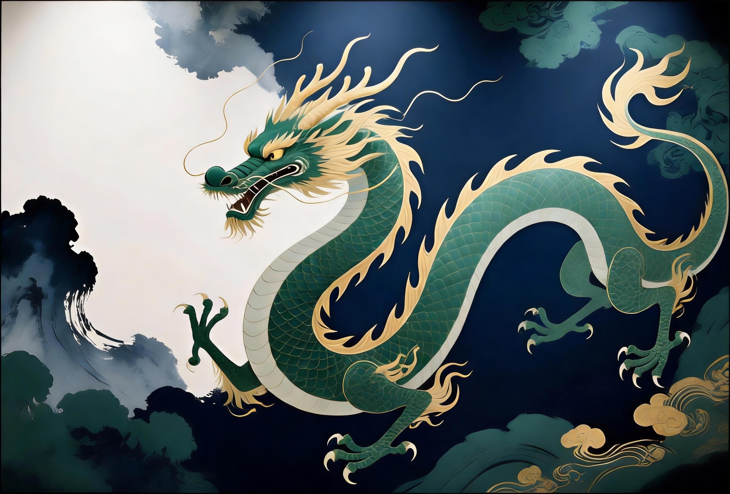 Epic Chinese Dragon Art Print | Blue & Gold Mythology Wall Decor ...