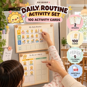 Peut inclure: Un ensemble d'activités de routine quotidienne comprenant deux tableaux en bois, 100 cartes d'activités illustrées de lions et cinq pages de coloriage. Les tableaux incluent des sections pour les tâches, les listes et le suivi des progrès.