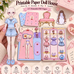 May include: A printable paper doll house kit by OVIBOOP featuring 17 PDF pages. The set includes a paper doll, various outfits, accessories, shoes, and furniture pieces like a pink chair and bed. The design displays a wardrobe with clothing items.