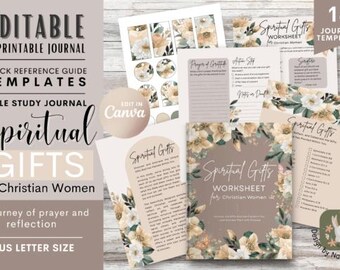 May include: A collection of printable journal templates with floral accents. The design includes the text "Spiritual Gifts for Christian Women" and "US Letter Size". The templates are designed for Bible study and reflection.