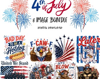 May include: A digital download bundle featuring eight 4th of July themed graphics. Designs include fireworks, a hotdog, a bald eagle, fighter jets, an alligator, a bull, and a muscular figure, all incorporating American flag motifs and text.