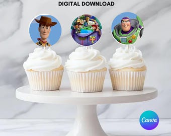 May include: Three cupcakes topped with circular paper toppers featuring Toy Story characters Woody, a group of characters with a green frog, and Buzz Lightyear. The text Cupcake Toppers DIGITAL DOWNLOAD is displayed above the cupcakes.