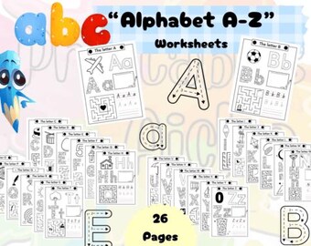 May include: A collection of 26 alphabet A-Z worksheets featuring black and white line art for tracing letters, mazes, and illustrations. The set includes a blue cartoon pencil character and the text Alphabet A-Z Worksheets and 26 Pages.