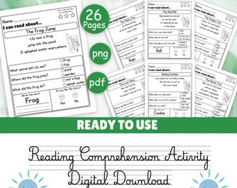 May include: A digital download of a 26-page reading comprehension activity set. The pages feature black and white text with short stories, multiple-choice questions, and writing prompts. The document includes PNG and PDF file format labels.