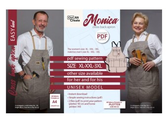 May include: A digital sewing pattern for a Monica cross back apron, featuring a beige fabric design with multiple pockets. The document includes text for sizes XL, XXL, and 3XL, instructions for PDF printing, and a visual diagram of the apron layout.