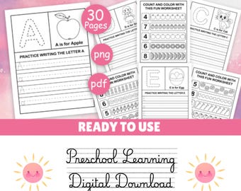 May include: A preschool curriculum digital download featuring 30 pages of black and white educational worksheets. The pages include letter tracing exercises for A, C, D, and E, alongside counting and coloring activities with apple and egg illustrations.