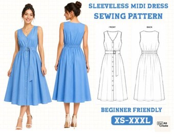 May include: A sleeveless midi dress sewing pattern featuring a blue dress shown from the front and back, alongside technical line drawings labeled front and back. The text reads SLEEVELESS MIDI DRESS SEWING PATTERN, BEGINNER FRIENDLY, and XS-XXXL.
