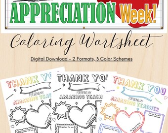 May include: Teacher Appreciation Week coloring worksheet with a pencil and apple graphic. The worksheet includes fill-in-the-blank sections for students to thank their teachers. Digital download includes PDF and JPG formats.