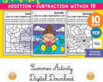 May include: Summer Color by Code addition and subtraction within 10 worksheets featuring math problems for children. The pages include illustrations of ice cream, a person in a pool float, and seashells. Text includes Summer Color by Code, 10 Pages, PDF, and Summer Activity Digital Download.