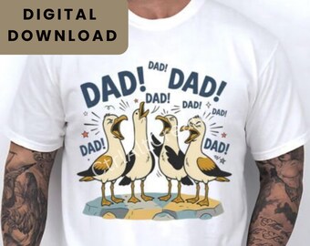 May include: A white short-sleeved t-shirt featuring a graphic of four seagulls standing on a rock, each with an open beak. The text "DAD!" is repeated multiple times in dark blue around the birds, accompanied by small red stars and lines.