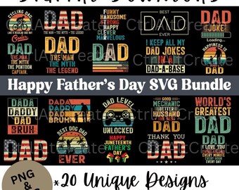 May include: A digital download bundle featuring 20 unique Father's Day graphic designs. The collection includes various typography and illustrations with themes like cycling, gaming, and American flag motifs, all labeled as a Happy Father's Day SVG Bundle.
