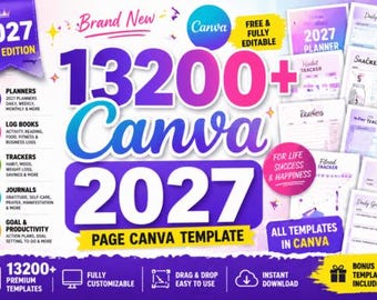 May include: A digital collection of 13200+ Canva templates for 2027, including planners, log books, trackers, journals, and goal setting pages. The graphic features purple and white text, icons for various categories, and previews of printable pages.