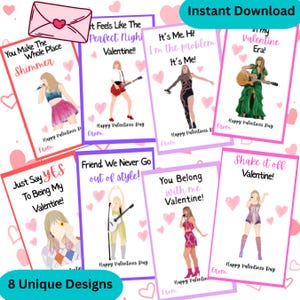 May include: A collection of eight Valentine's Day cards with illustrations of a pop singer in various outfits. Each card features a unique design with phrases like "Shake it off, Valentine!" and "You Belong with me Valentine!" The cards are in pink, purple, and white.
