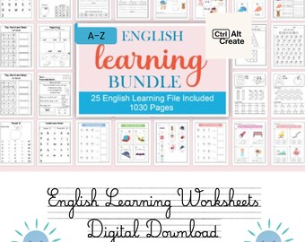 May include: A digital bundle of English learning worksheets featuring 25 files and 1030 pages. The central graphic displays the text A-Z ENGLISH learning BUNDLE 25 English Learning File Included 1030 Pages, surrounded by various educational activity sheets.
