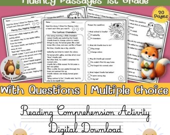 May include: A set of 20 pages of reading comprehension fluency passages for 1st grade, featuring multiple choice questions, illustrations of a hedgehog, chameleon, turtle, and fox, with the text Reading Comprehension Fluency Passages 1st Grade.