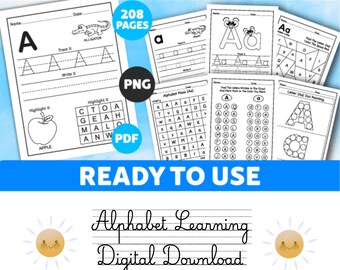 May include: A digital download set of 208 pages titled Letter of the Week, featuring black and white educational worksheets for alphabet learning. The pages include tracing exercises, letter mazes, dot painting activities, and letter identification grids.