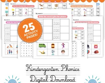 May include: A collection of kindergarten phonics worksheets featuring cut and paste activities, word writing exercises, and letter identification tasks. An orange circular badge states 25 ACTIVITY PAGES. The text reads KINDERGARTEN PHONICS WORKSHEETS.
