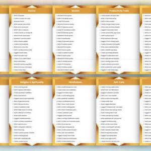 May include: A digital display featuring ten vertical columns with gold-toned headers, each containing a list of text-based prompts. The categories include Art & Design, Humor, Quotes, Productivity Tools, Innovation, Parenting, Religion & Spirituality, Mindfulness, Self-Care, and Sports, all presented in a clean, organized layout.