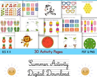 May include: A Summer Busy Book digital download featuring 30 activity pages in 8.5 x 11 inch format. The pages include colorful educational graphics such as counting fruits, numbers, a zebra, glasses, a lion, life cycles, and matching games.